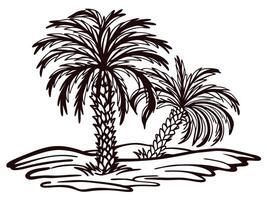 Two palm trees silhouetted on sandy beach with waves in the background vector