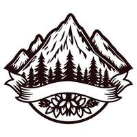 Vintage mountain emblem with pine trees and banner design vector