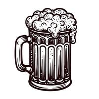 Detailed black and white sketch of a frothy beer mug with handle vector