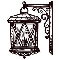 Vintage lantern wall sconce with intricate ironwork design in black and white vector
