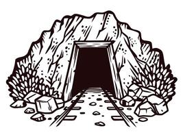 Entrance to abandoned mine tunnel in rocky terrain with overgrown vegetation vector