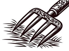 Vintage hand fork cultivating soil with ornate wooden handle design forming artistic patterns vector