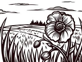 Black and white landscape with poppy flower in foreground and distant fields under cloudy sky vector