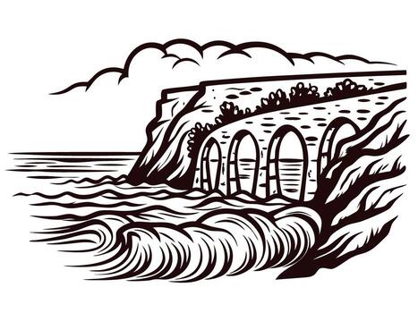 Scenic coastal bridge and cliffs overlooking ocean waves in artistic vector