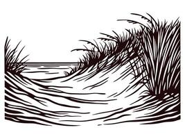 Coastal sand dunes with grass overlooking the ocean waves in black and white silhouette vector