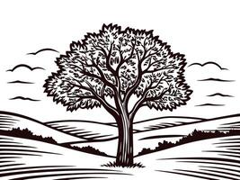 Majestic tree in rolling countryside with cloudy sky and wide landscape view vector