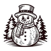 Cheerful snowman in top hat with trees in background, winter scene sketch vector