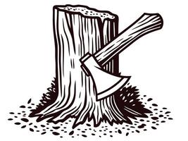 Axe embedded in tree stump with chopped wood and sawdust surrounding vector