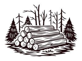 Stack of freshly cut logs amidst a forest of pine and bare trees in a monochrome vector