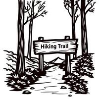 Woodland pathway with rustic hiking trail sign and trees leading to mountains vector