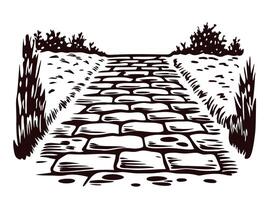 Stone pathway leading through grass and bushes in rural landscape vector