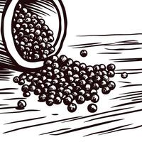 Black peppercorns spilling from overturned container onto wooden surface in rustic kitchen setting vector
