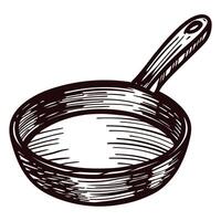 Hand drawn skillet rustic kitchenware with wooden handle vector