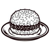 Delicious burger with sesame seed bun on plate in black and white line art vector