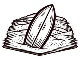 Surfboard embedded in sand on coastal beach with textured waves depicted in black and white engraving vector