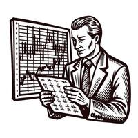 Caucasian man analyzing financial trends using graphs and charts in a vintage vector