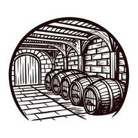 Barrel cellar with rows of wooden casks in arched storage room vector