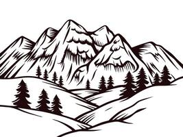 Scenic mountain landscape with snow capped peaks and pine trees in black and white artistic vector