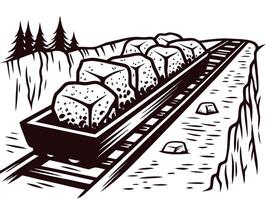 Rustic mining cart on railway track carrying stones through forested landscape vector
