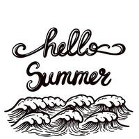 Artistic hand drawn 'hello summer' text with ocean waves graphic design vector