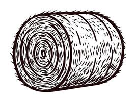 Black and white sketch of rolled hay bale in agricultural setting with detailed texture vector