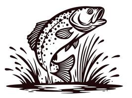 Jumping trout in dynamic aquatic environment with splashes and grass vector