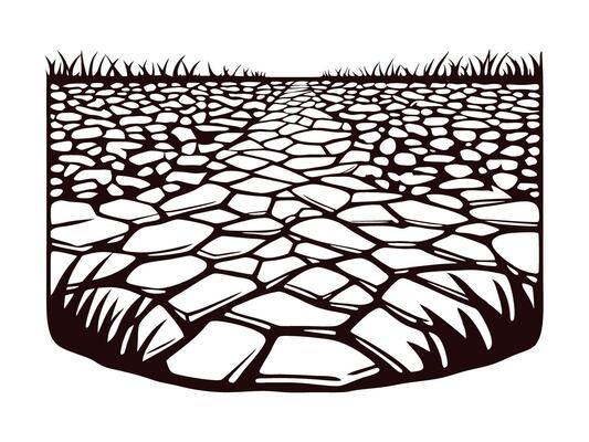 Black and white stone path leading through grass with intricate patterns