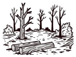 Autumn forest with barren trees and logs on the ground, capturing a serene wilderness landscape in monochrome artwork vector