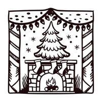 Festive holiday fireplace with stockings hanging and christmas tree design vector