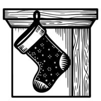Christmas stocking hanging from mantel with festive snowflake design in black and white vector