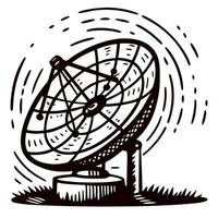 Satellite dish in motion capturing signals with vibrant swirls of energy in vintage vector