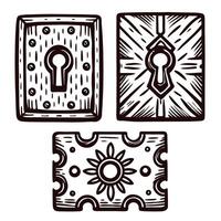 Vintage keyhole designs on decorative wooden plates with ornate patterns vector