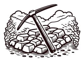 Mining tools and rocks in mountainous terrain with clouds vector