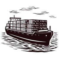 Cargo ship navigating ocean waters under cloudy skies vector