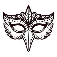 Elegant masquerade mask with feather and bead details in black and white line art vector