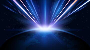Abstract Blue light rays and glowing earth background, futuristic speed line, technology and space. vector