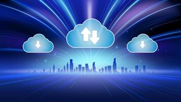 Abstract Futuristic cloud computing background with light rays and a cityscape, technology concepts. vector