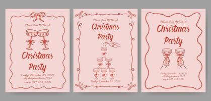 Christmas dinner party invitation card with hand drawn coquette frame and glasses vector