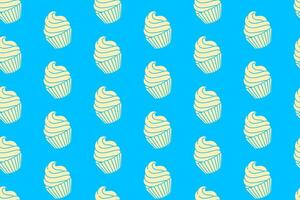 cupcake with swirl dough silhouette seamless pattern on blue background. tasty cupcake with swirly vintage pattern background. retro muffin sweet desert symbol wallpaper for bakery merchandise vector
