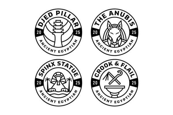 crook and flail crossed, anubis head, spinx statue, djed pillar outline modern illustration badge logo design set for ancient egyptian, historian, archaeologist, museum, researcher