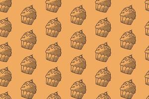 cupcake with melted topping and cherry line art seamless pattern on tan background. tasty cupcake cake engraving pattern background. retro muffin sweet desert hatching wallpaper for bakery merchandise vector