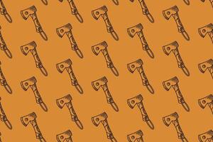 axe with rope, timber handle doodle seamless pattern on tan background for adventure merchandise. outdoor axe engraving pattern background. retro camp axe with hanger hatching illustration wallpaper vector