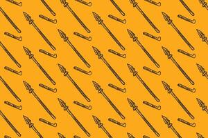 spear and thrower weapon doodle seamless pattern on yellow background for hunting merchandise. rustic spear engraving pattern background for adventure. retro spear hatching illustration wallpaper vector