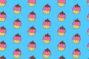 cupcake with pink strawberry swirl colorful pattern on yellow background. sweet cupcake with cream doodle seamless pattern background. muffin tasty dessert pattern wallpaper for bakery and pastry vector