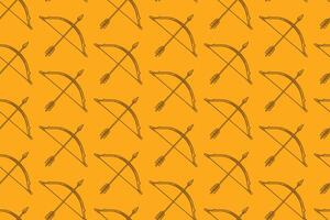 arrow and bow doodle seamless pattern on yellow background for hunting merchandise. bow and arrow engraving pattern background for adventure. retro archer weapon hatching illustration wallpaper vector