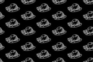 old safety helmet with lamp doodle seamless pattern on black background for miner, explorer, adventure mining helmet engraving pattern background. classic helmet with flashlight illustration wallpaper vector