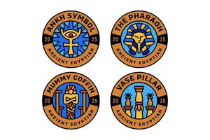 ankh with eye symbol, pharaoh head, mummy coffin, vase and pillar colorful modern illustration badge logo design set for ancient egyptian, historian, archaeologist, museum, researcher vector