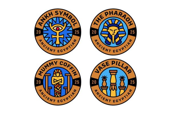 ankh with eye symbol, pharaoh head, mummy coffin, vase and pillar colorful modern illustration badge logo design set for ancient egyptian, historian, archaeologist, museum, researcher