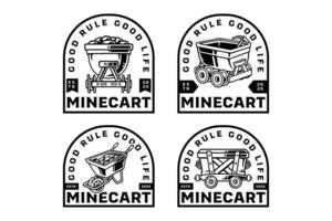 trolley mine cart with stock badge logo design collection for miner, engineer, industry, adventure. minecart vehicle with pick emblem logo set. retro mining trolley logo illustration collection vector