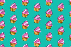 cupcake with pink strawberry swirl colorful pattern on tosca background. sweet cupcake with cream doodle seamless pattern background. muffin tasty dessert seamless pattern for bakery and pastry vector